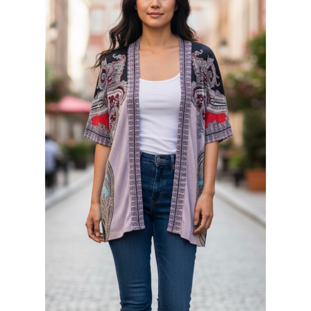 Etro Milano Womens 100% Silk Paisley Knit Cardigan Open Front Purple Size IT 40
